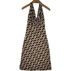 Luly K New York City Women's Vintage Halter Dress Small Swirl Tan Black Print